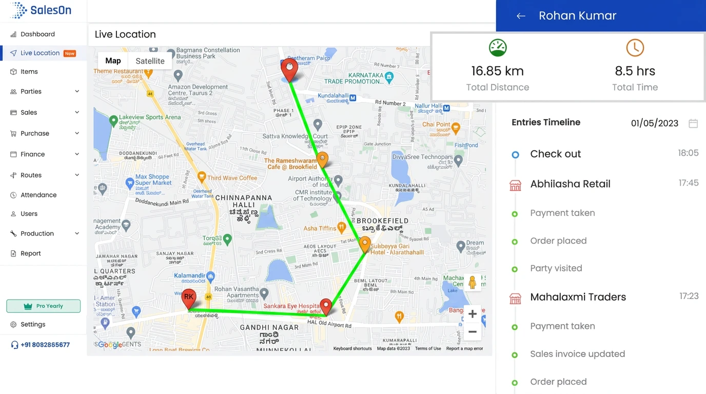 SalesOn salesman tracking dashboard showing route map, distance, field time and daily activity log