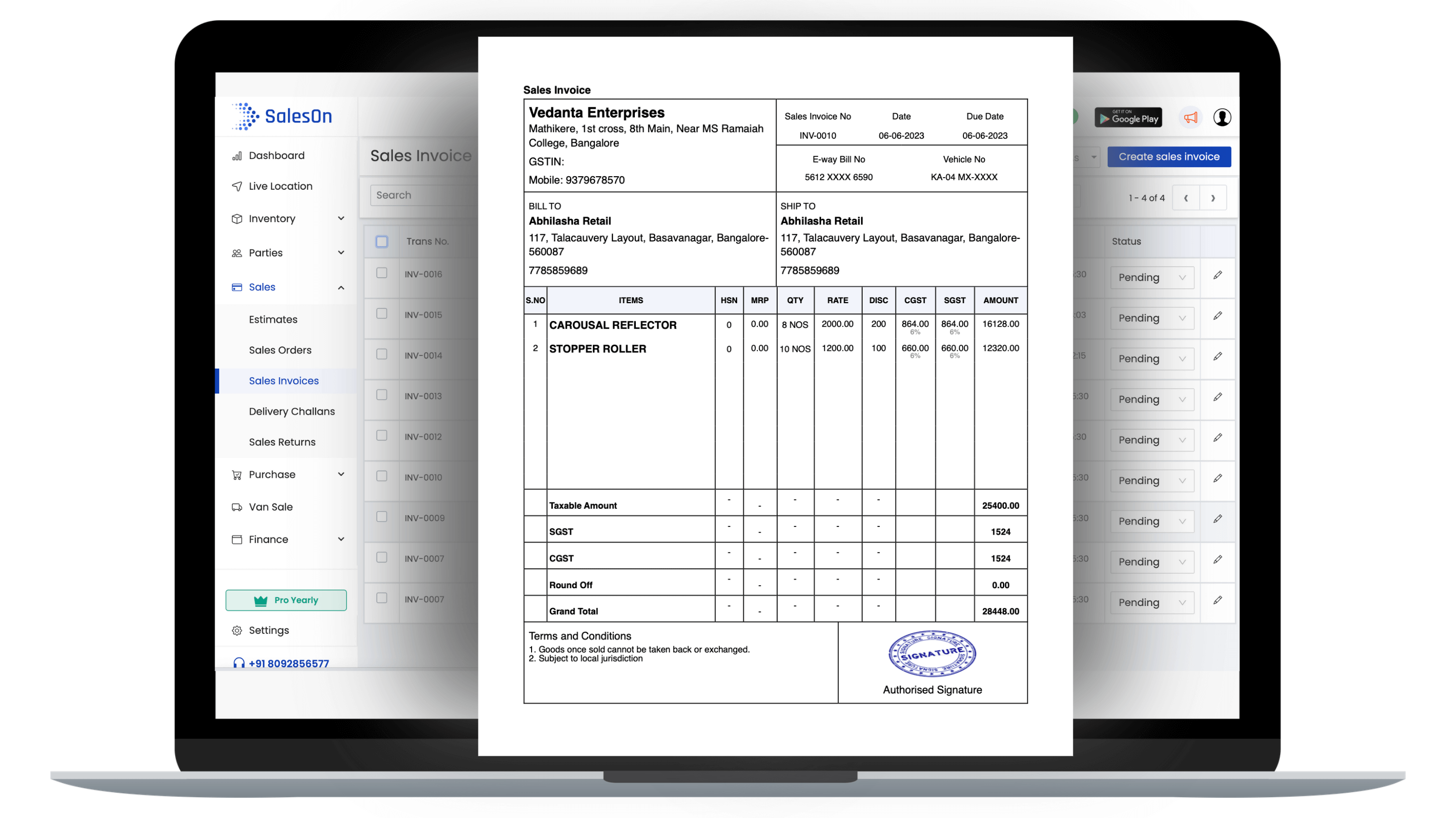 laptop with generated sales invoice