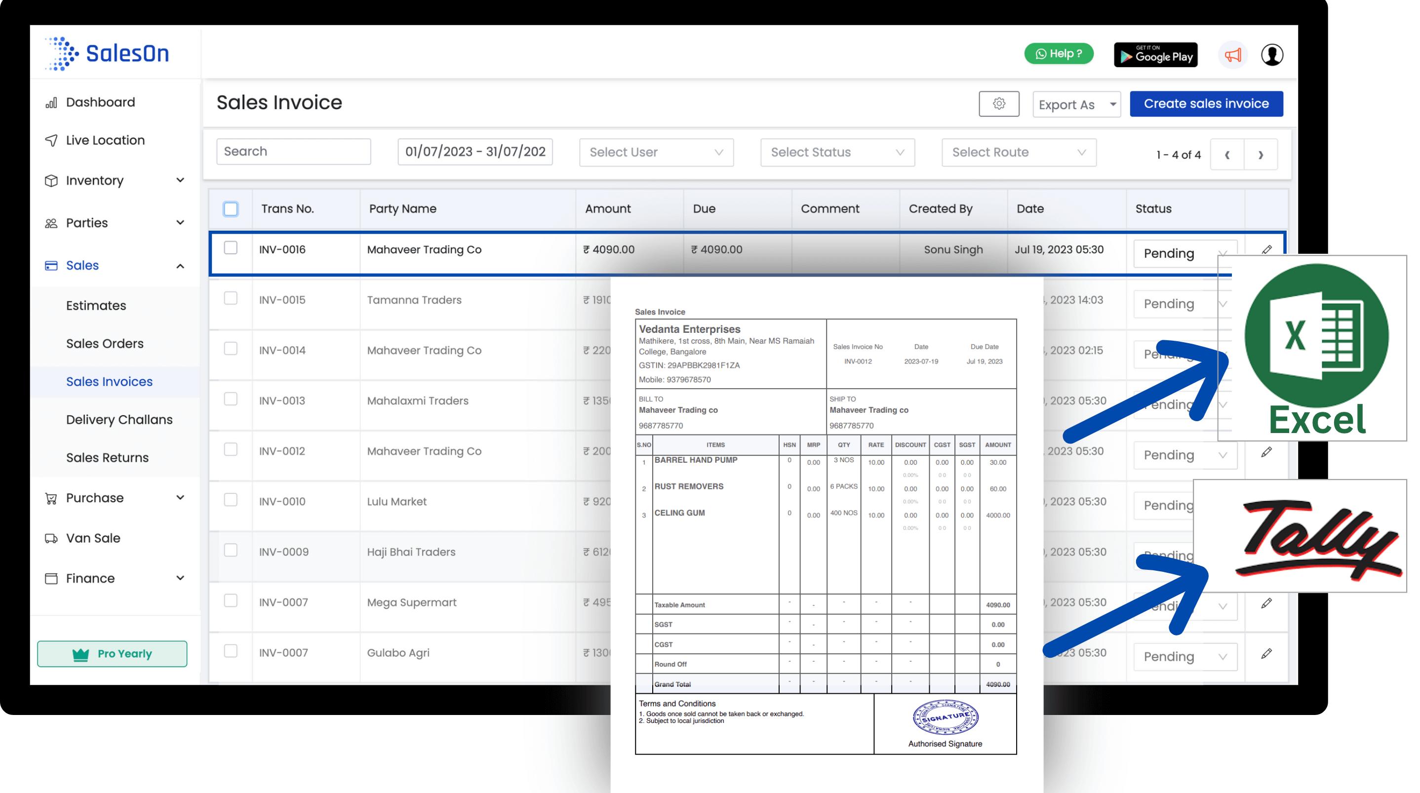 invoice generated in laptop integrated to tally and excel