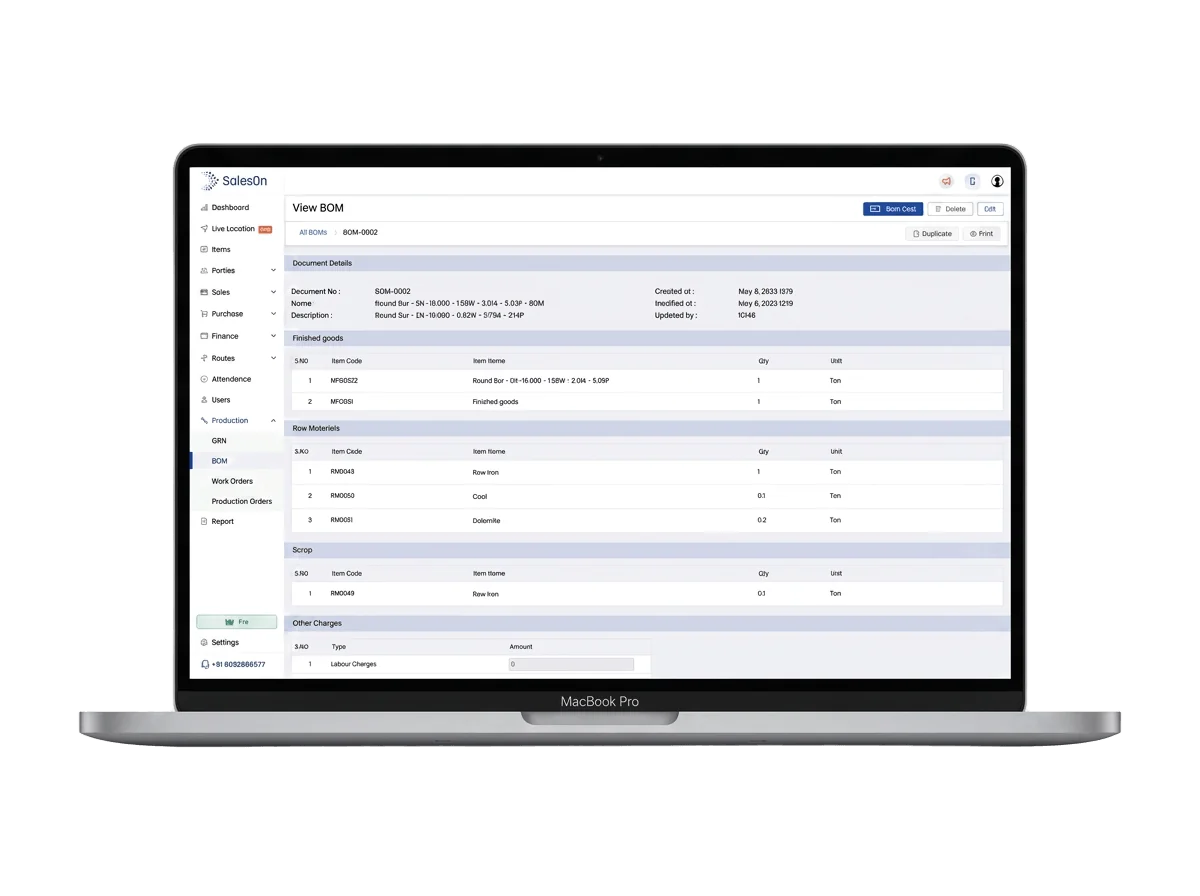 production dasboard with bom cost calculation