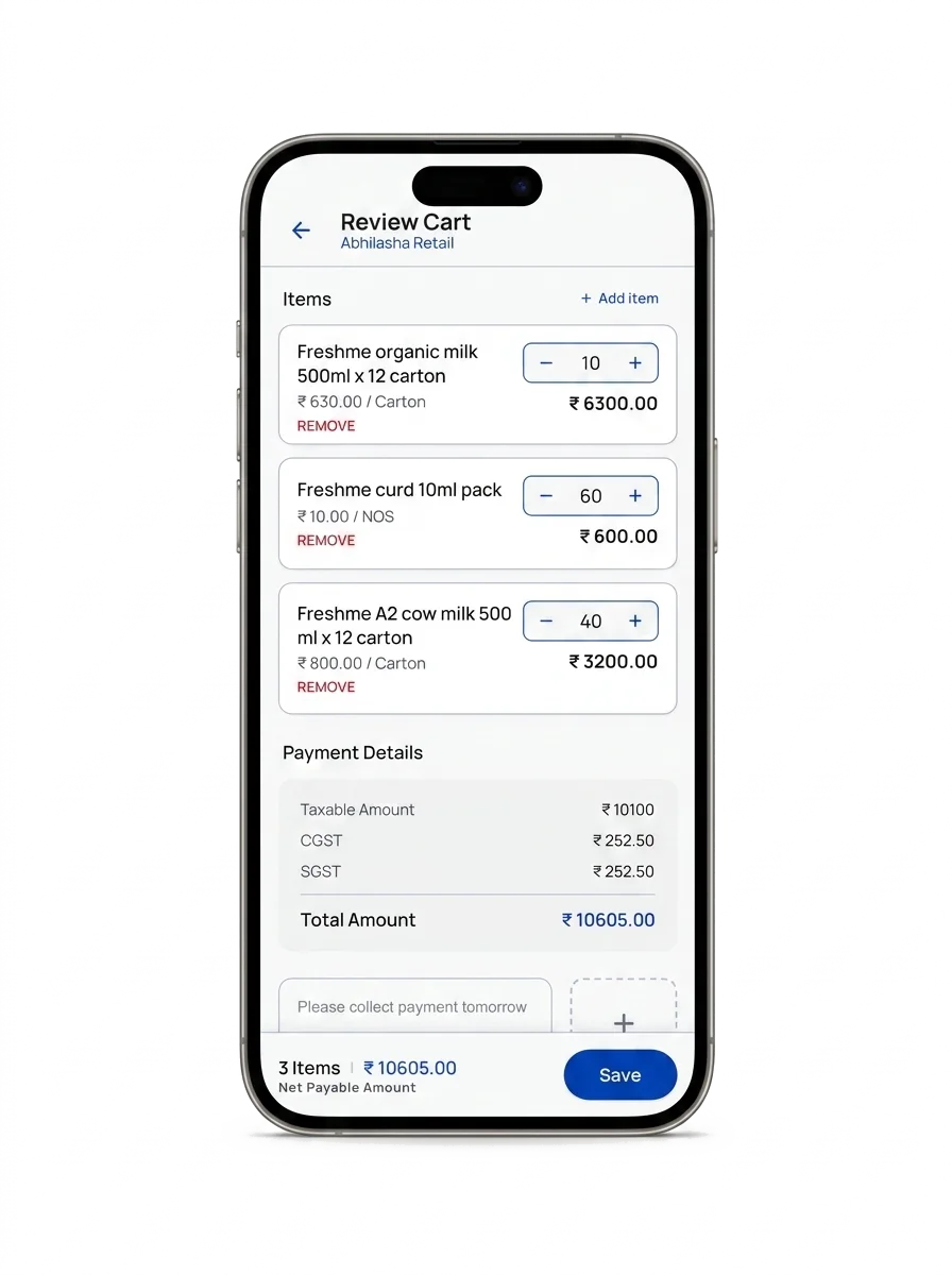 Mobile screen showing billing for van sales