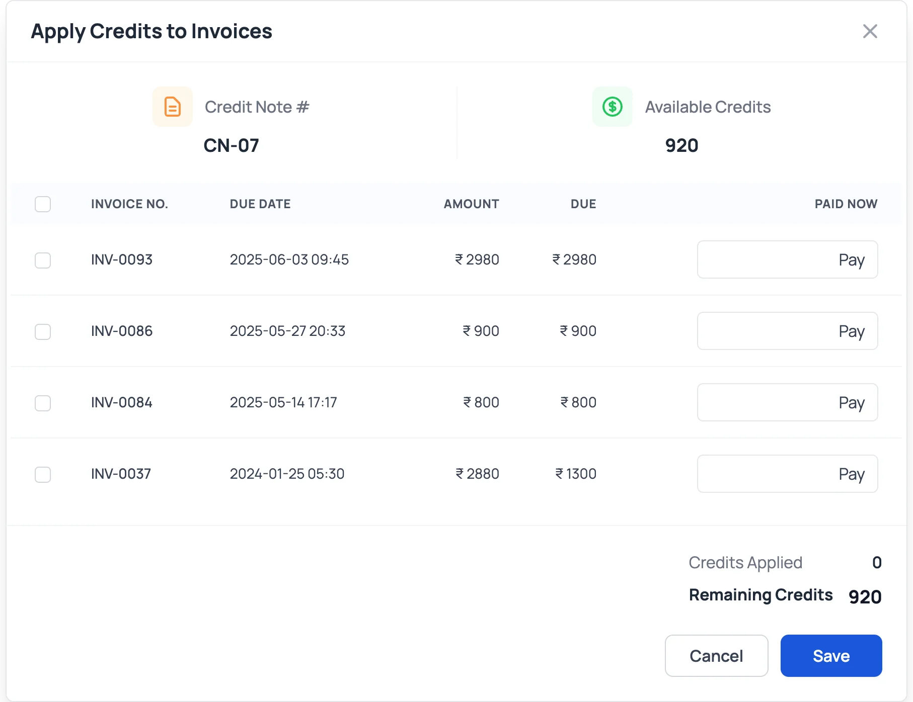 screen showing credit note being applied to invoice