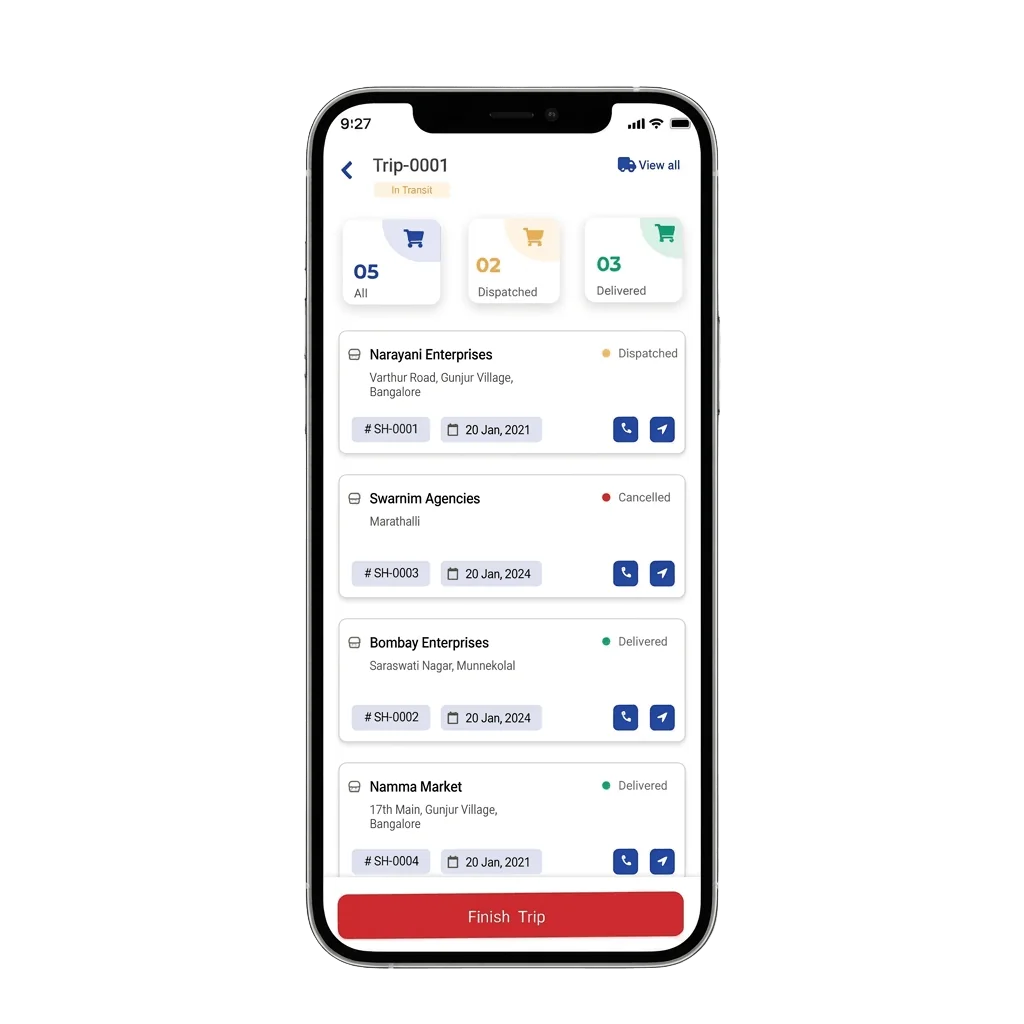 list of shipments assigned to delivery person on mobille app