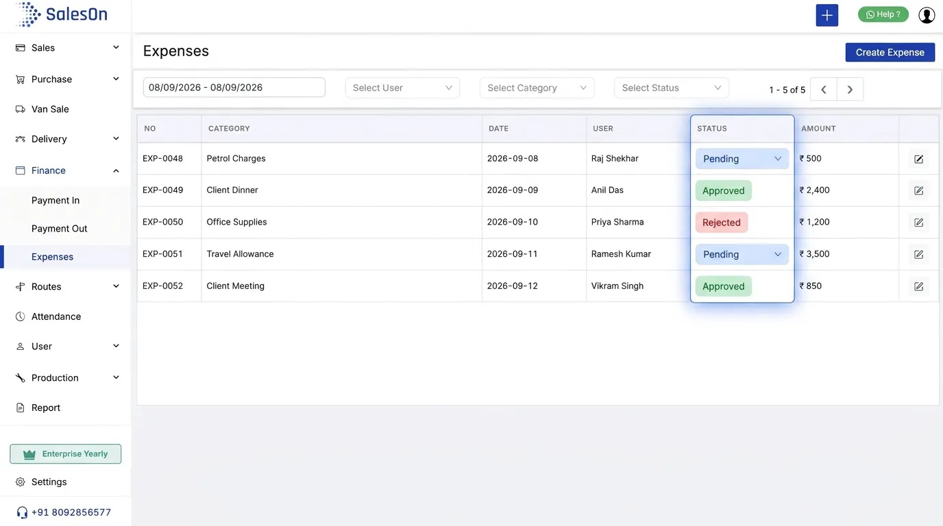 SalesOn attendance dashboard showing present days, late check-ins, partial hours, daily attendance logs and mobile attendance view