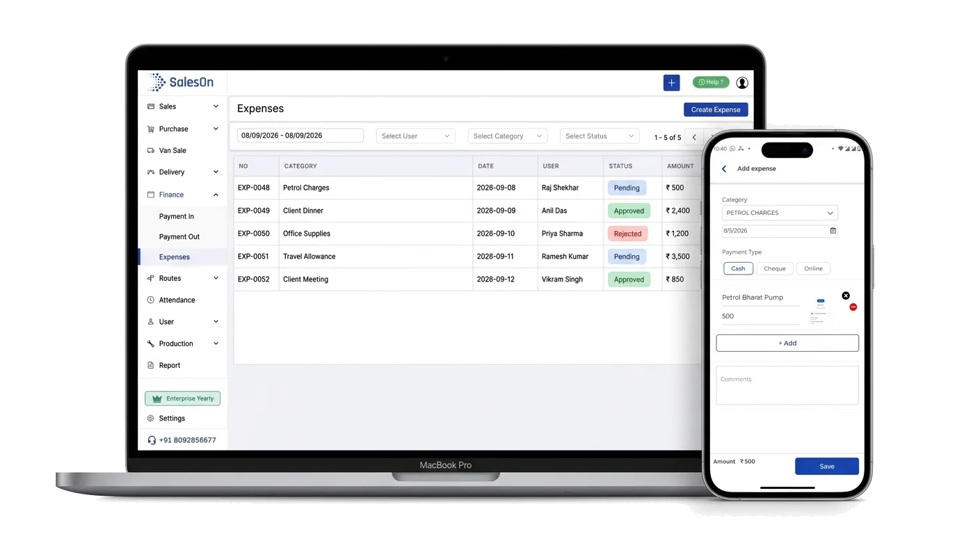 SalesOn expense management dashboard showing field expense claims and mobile add-expense form