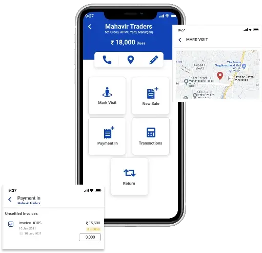 mobile app highlighting features customer visit and unsettled invoices for taking payment