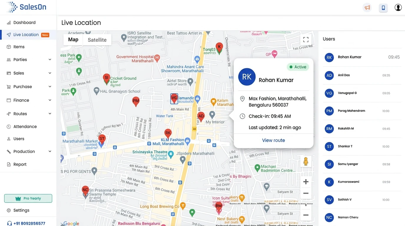 SalesOn salesman tracking dashboard showing route map, distance, field time and daily activity log