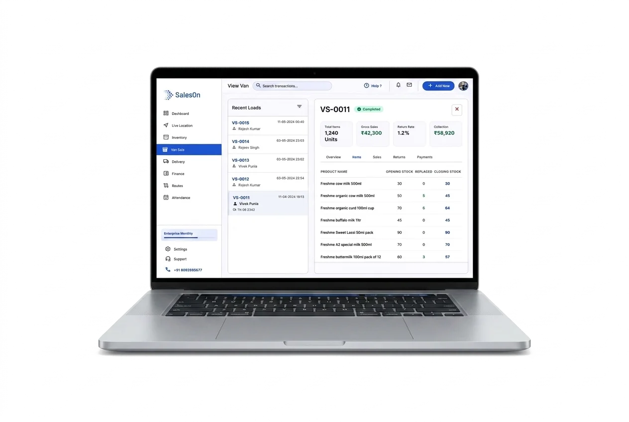 Web dashboard with van sales, stocks, payment details